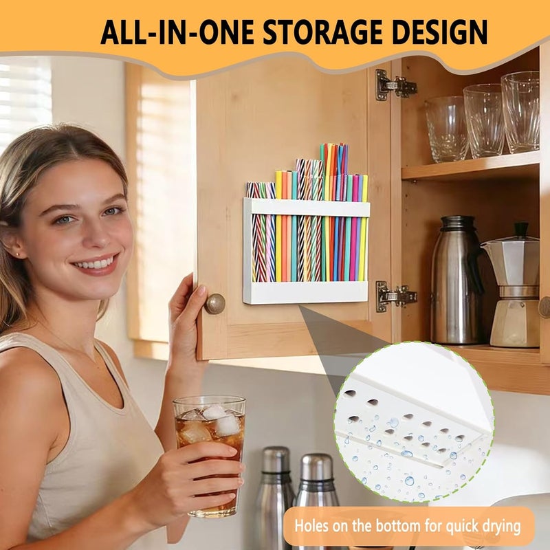 NTIERA 9.5" Large Acrylic Straw Holder for Cabinet Door-Reusable Tumbler Straw Organizer Storage,Small Kitchen Organizers and Storage Accessories Container, Ultra Sticky Cupboard Door Mounted(White) - Image 4